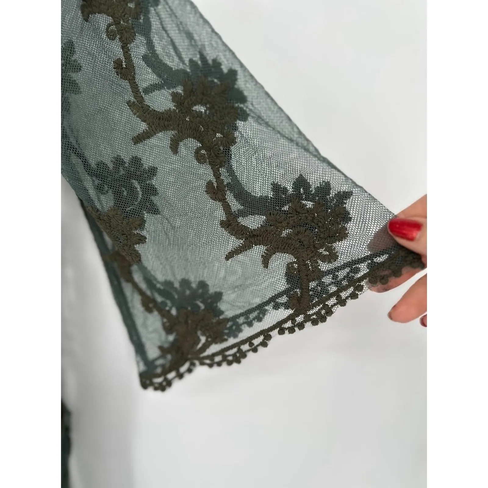 Woven Heart Kimono Duster Medium Green Sheer Embroidered Boho Whimsy Fairy - Image 3