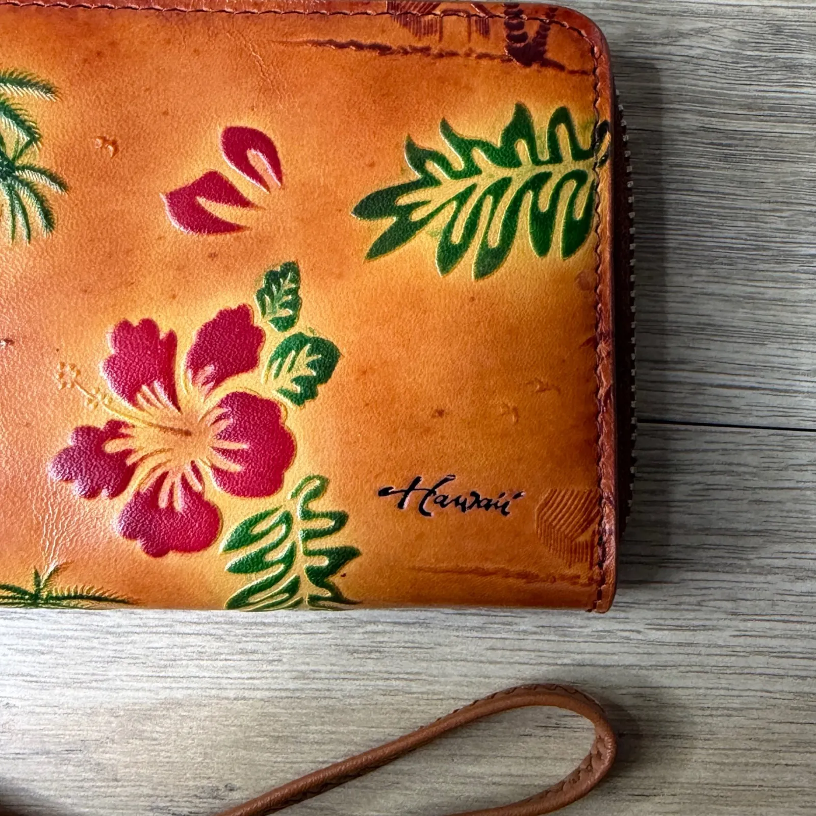 Hawaii Wristlet Leather Zip Around Wallet Tropical Palm Hibiscus Embossed Orange - Image 3