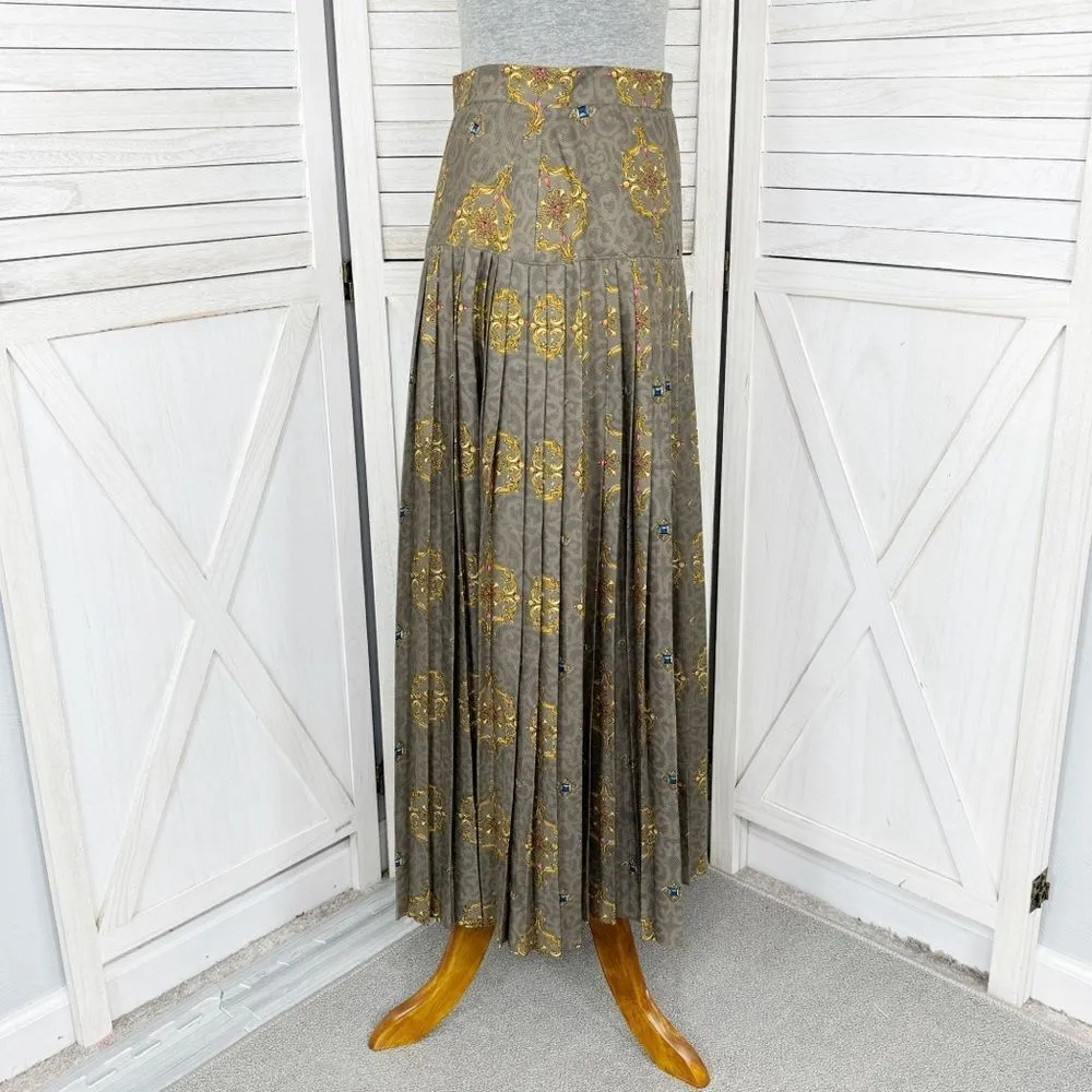 Calliope Vintage Jewel Damask‎ Print Pleated Maxi Skirt Taupe 10 Tan - Image 3