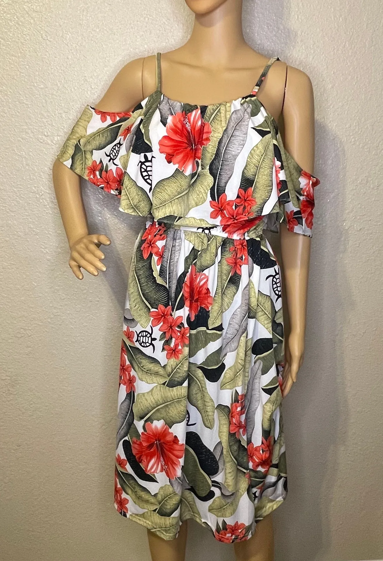 Tropical MIDI Cold Shoulder Dress Green White Red Size XL - Image 2