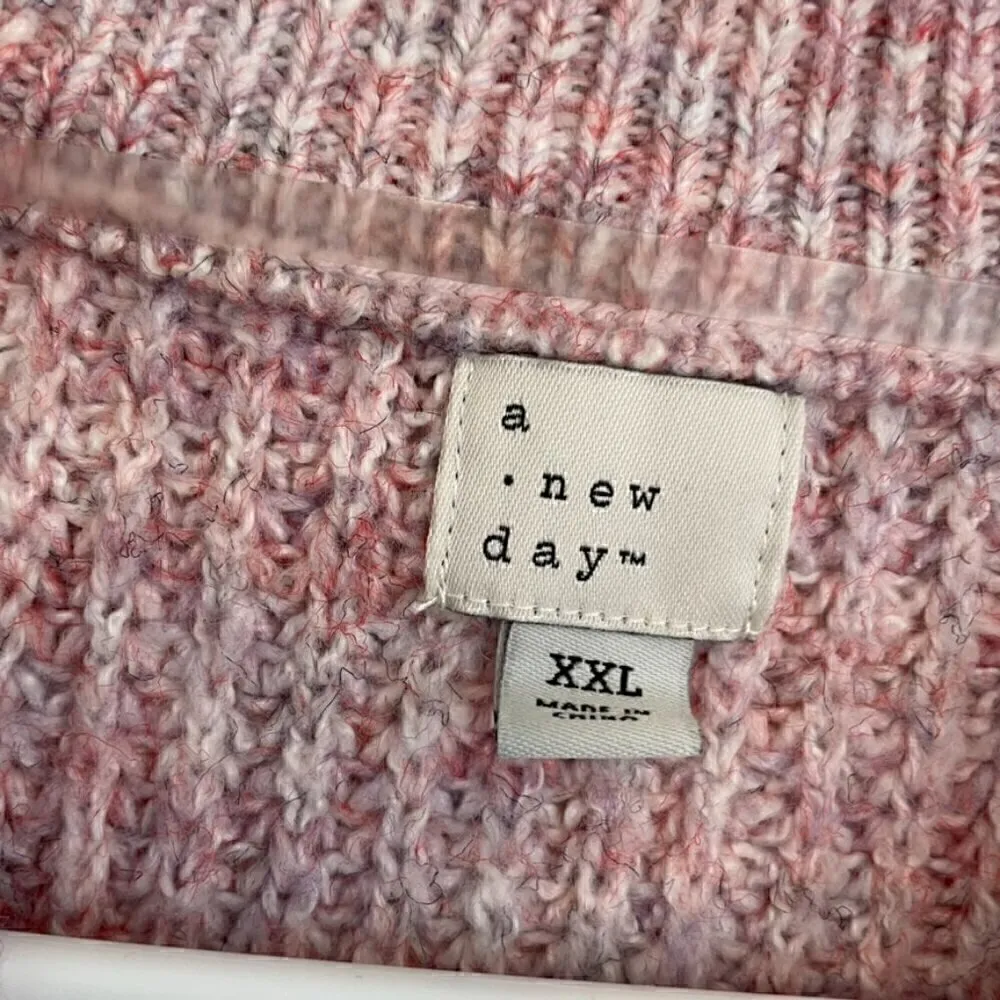 A NEW DAY Puff Sleeve Crewneck Pullover Sweater Pink White Multi Chunky Knit XXL - Image 5