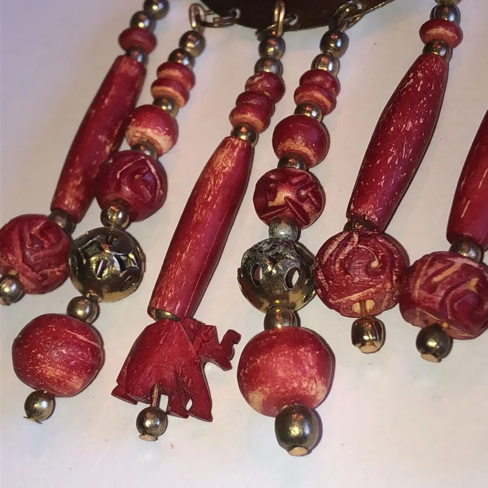 HUGE Vintage Brass & Red Carved Wooden Elephant Beads Beaded Boho Earrings - Image 6