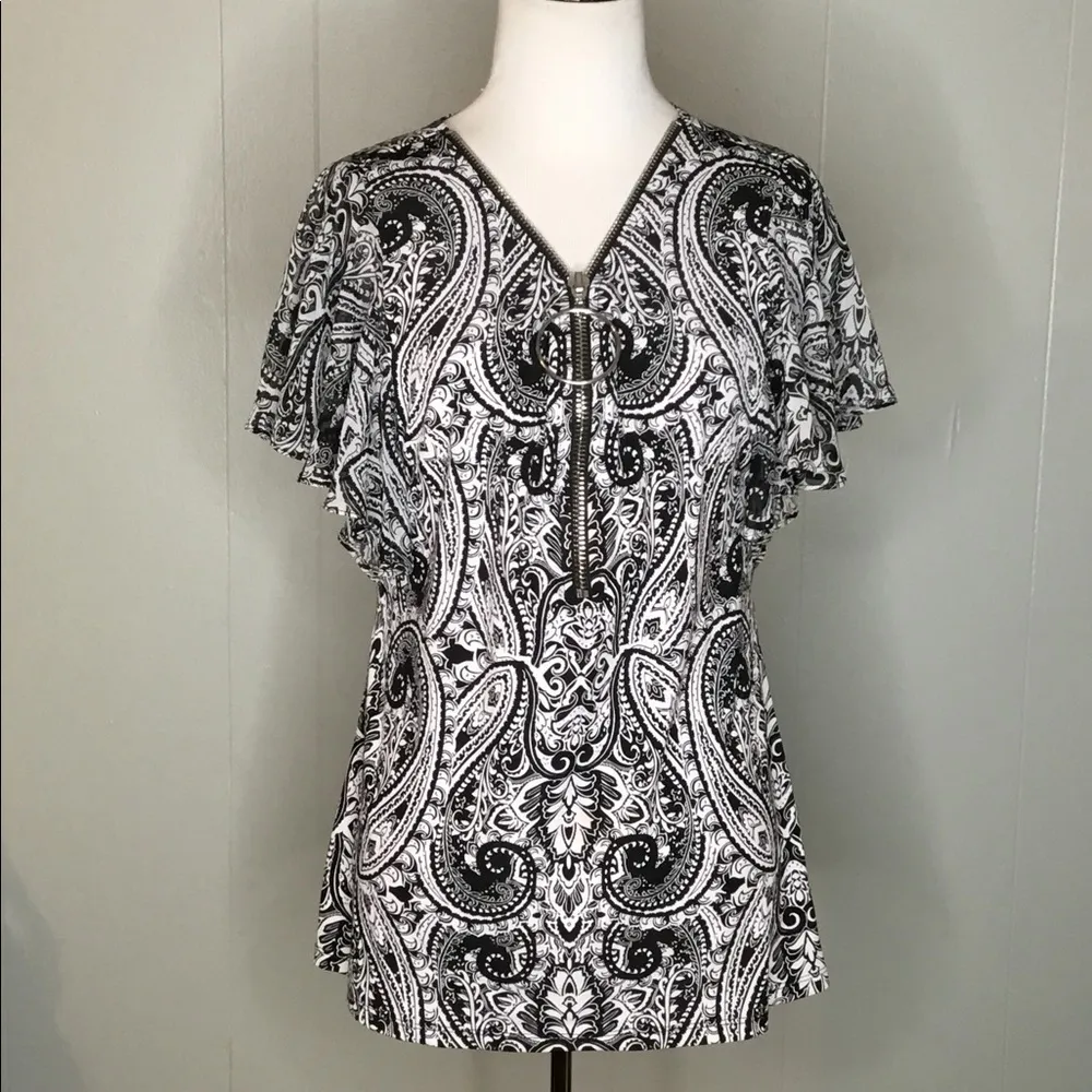 COCO BIANCO Black & White Paisley Zip Front Flutter Sleeve Top S - Image 4