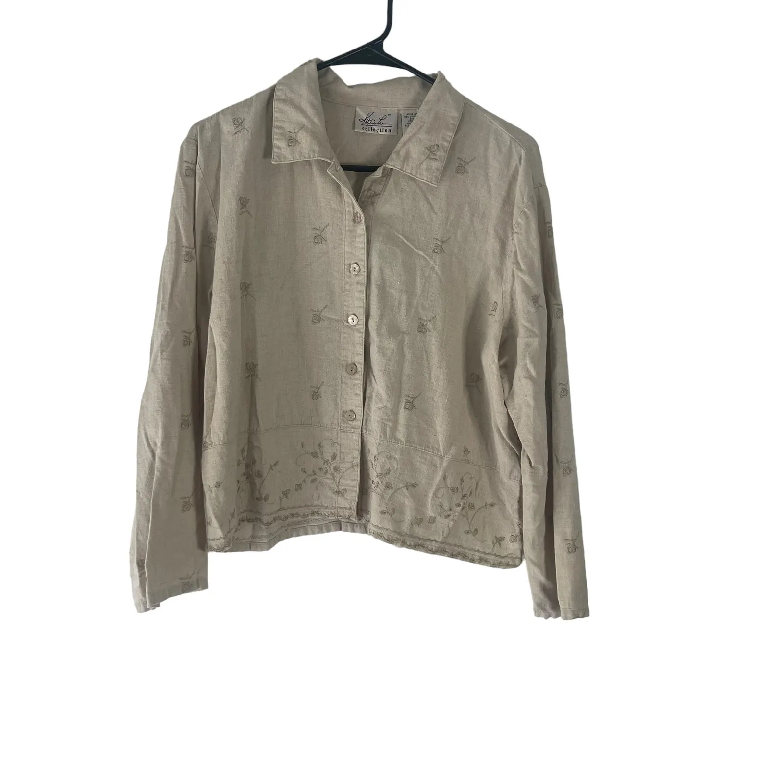 Kathie Lee Vintage 90s Women Size XL‎ Oat Linen Blend Embroidered Button Blouse - Image 7