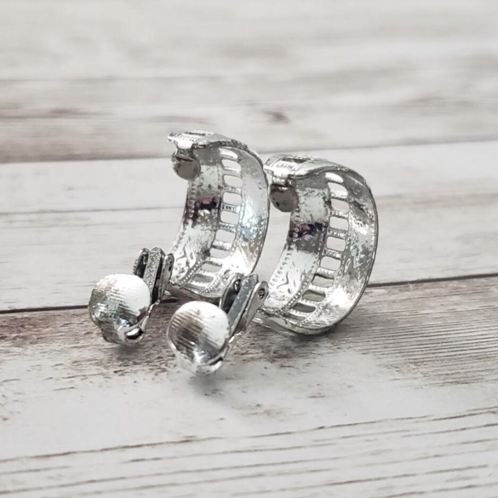 Vintage Clip On Earrings Silver Tone Chunky Hoops with Cut Out - Image 4