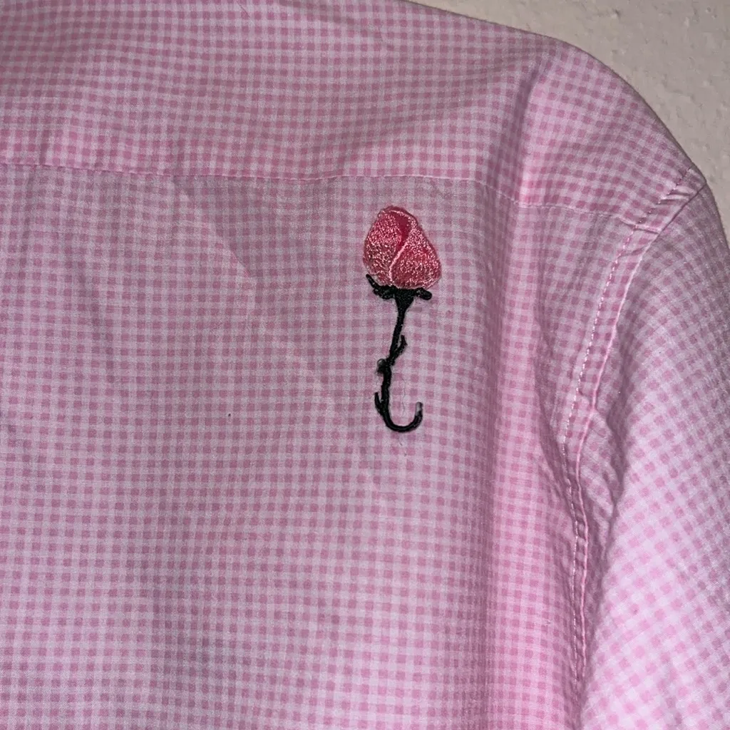 Vintage Embroidered Roses Blouse Pink Gingham Plaid Floral XL - Image 6