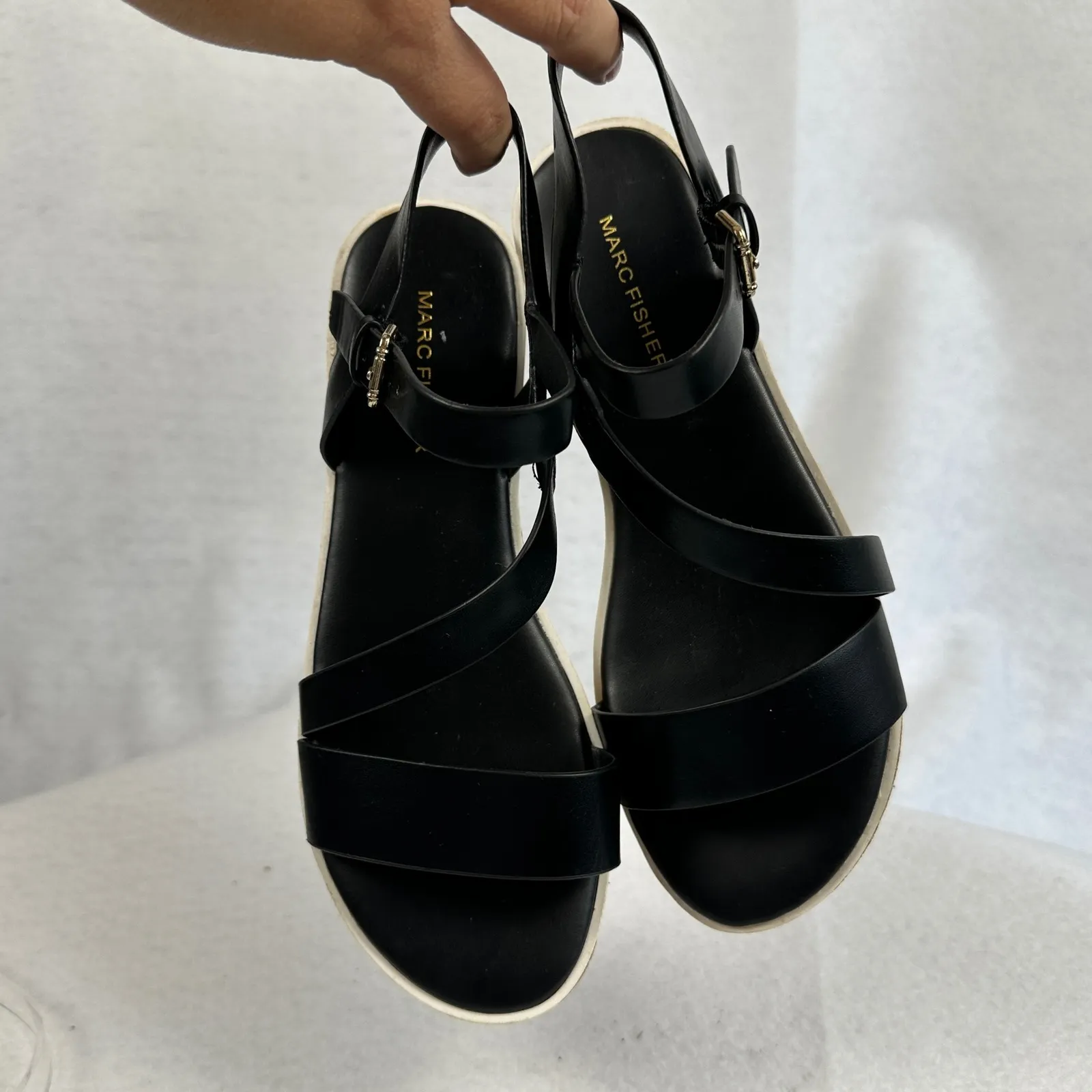 Marc Fisher Black Leather Criss Cross Platform Cork Sandals Womens Size 7M‎ - Image 5