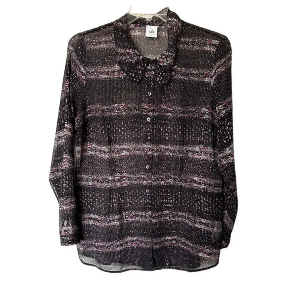 Cabi Chiffon Sheer Long Sleeve Collar Button Down Abstract Polka Dot Pri… - Image 2