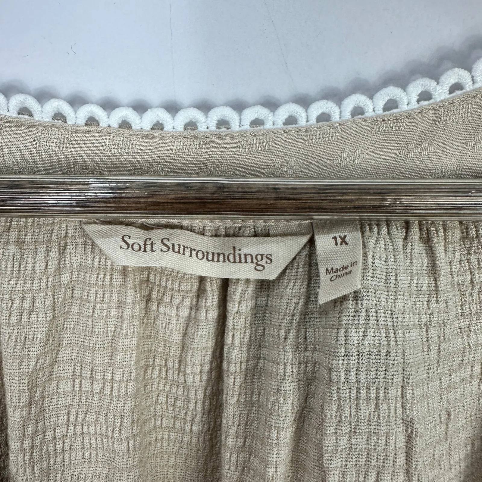 Soft Surroundings Top Womens 1X Beige Crochet Short Sleeve Cottage Granola Boho - Image 2