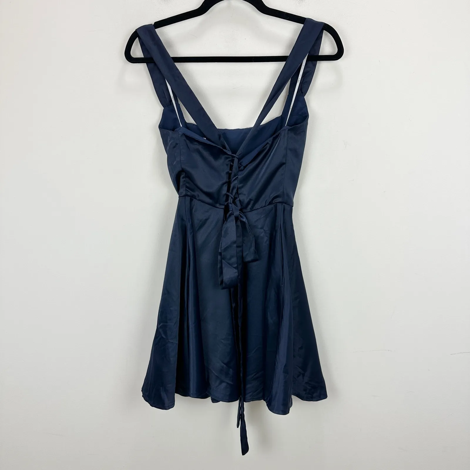 NEW Lulus Admirably Chic Navy Blue Satin Lace-Up Mini Dress With Pockets Medium - Image 10