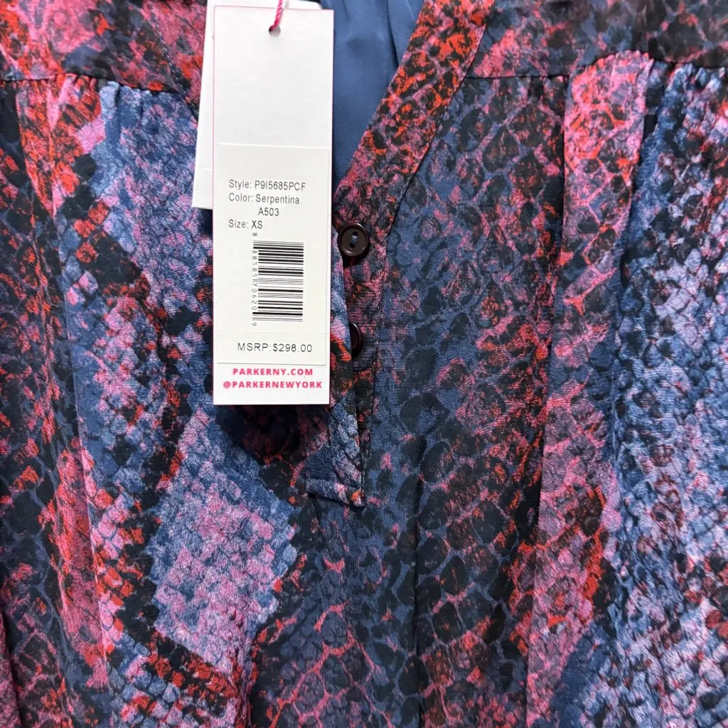 Parker Serpentina Snakeskin Print Silk Dress XS Long Sleeve Ruffle Hem - Image 6