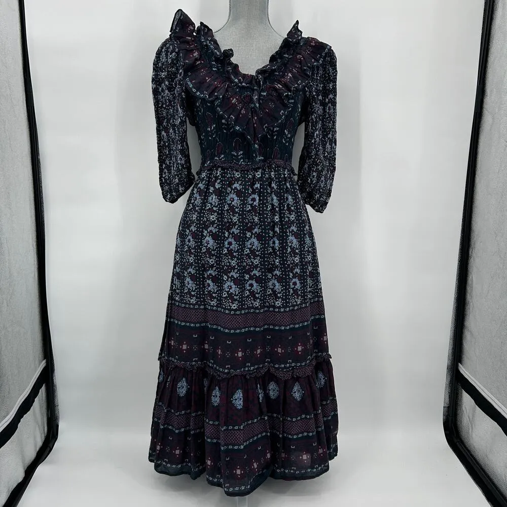 Sea NY Nadine Border Smocked Dress Cotton Puff Sleeve Ruffled V - Image 3