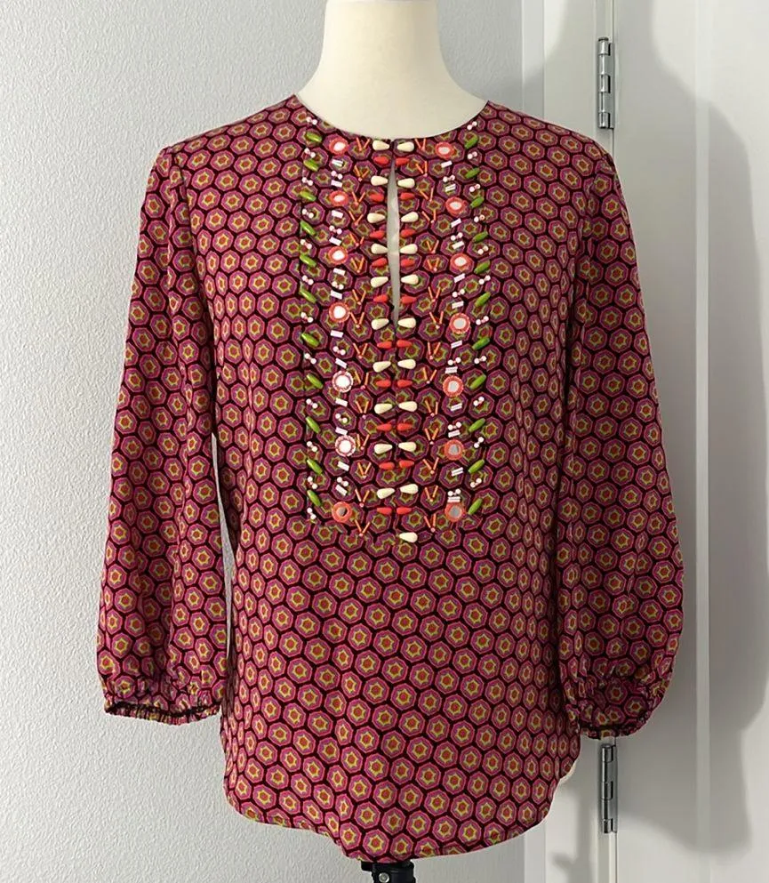 Nanette Lepore Size 10 Red, Purple Silk Beaded Keyhole Neckline Blouse Top - Image 2