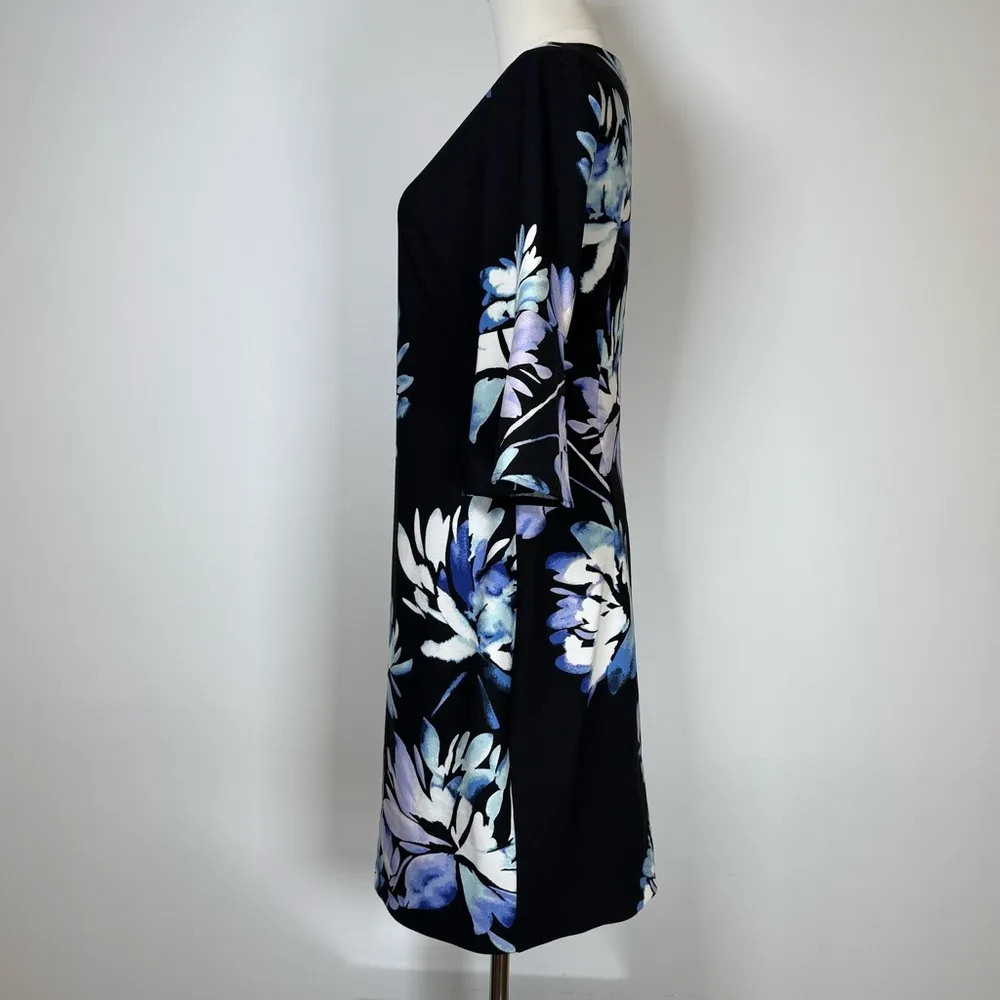 New! Vince Camuto Black Blue Purple Floral 3/4 Bell Sleeve Dress Women’s Size 4 - Image 3