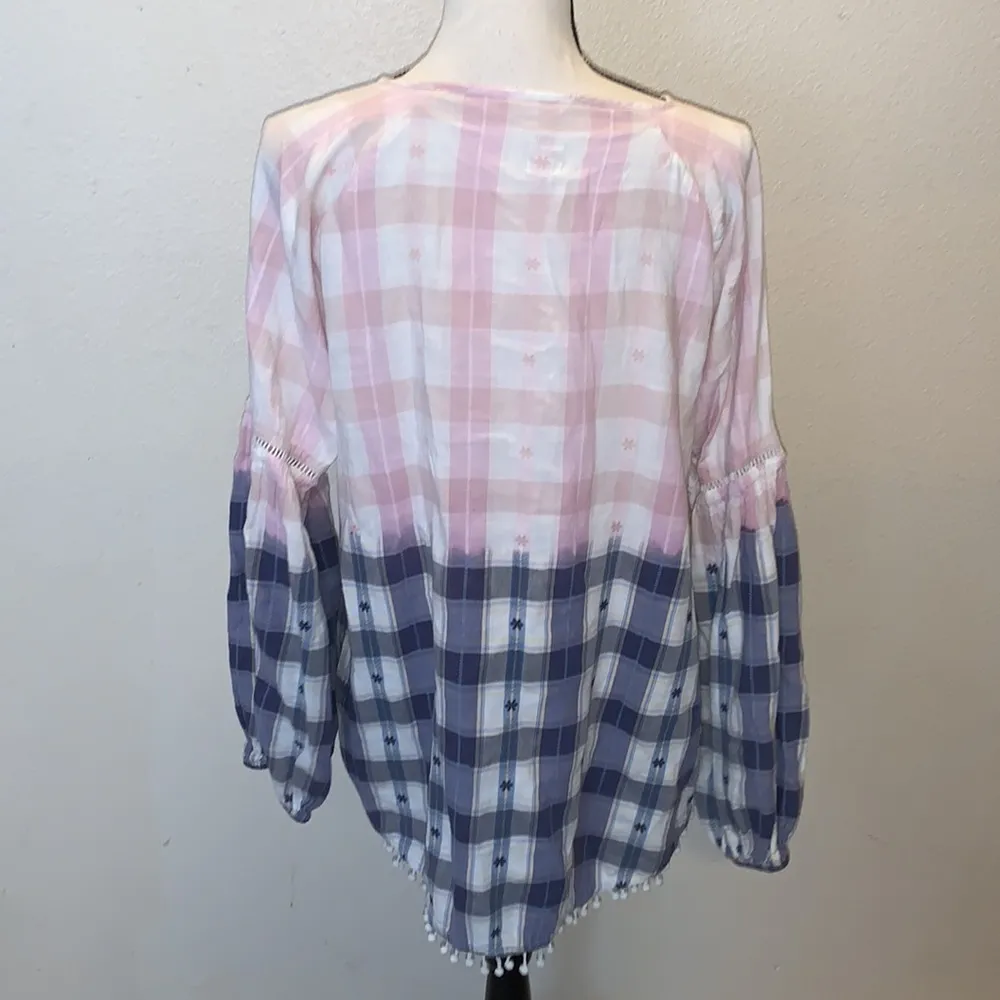 Jag jeans Jag pink & blue plaid tassel hems keyhole long sleeve top - Image 6
