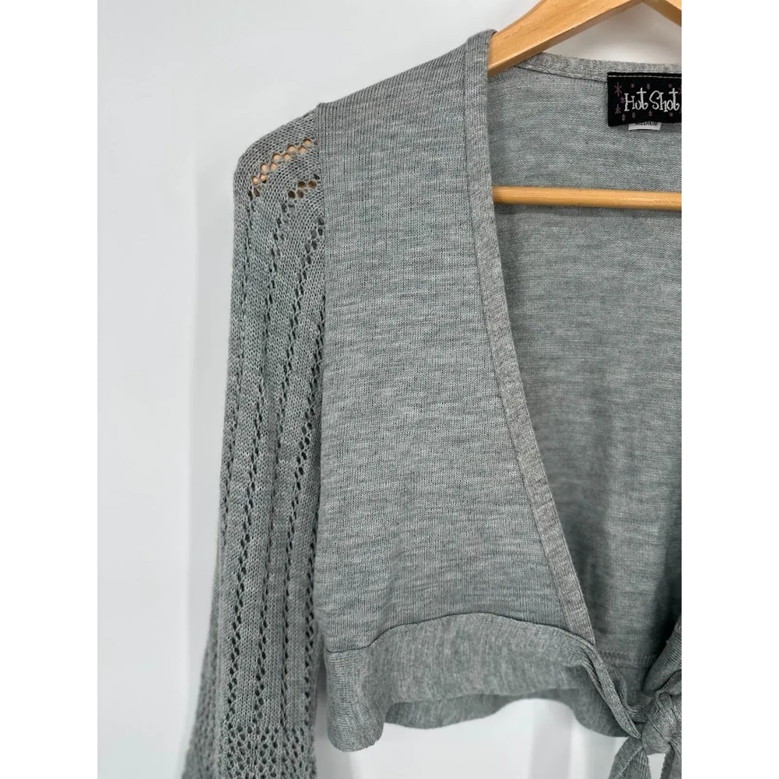 Y2K Vintage Hot Shot Grey Cardigan Tie Sweater Shrug Crochet Bell Sleeve Women M Gray Size M - Image 2