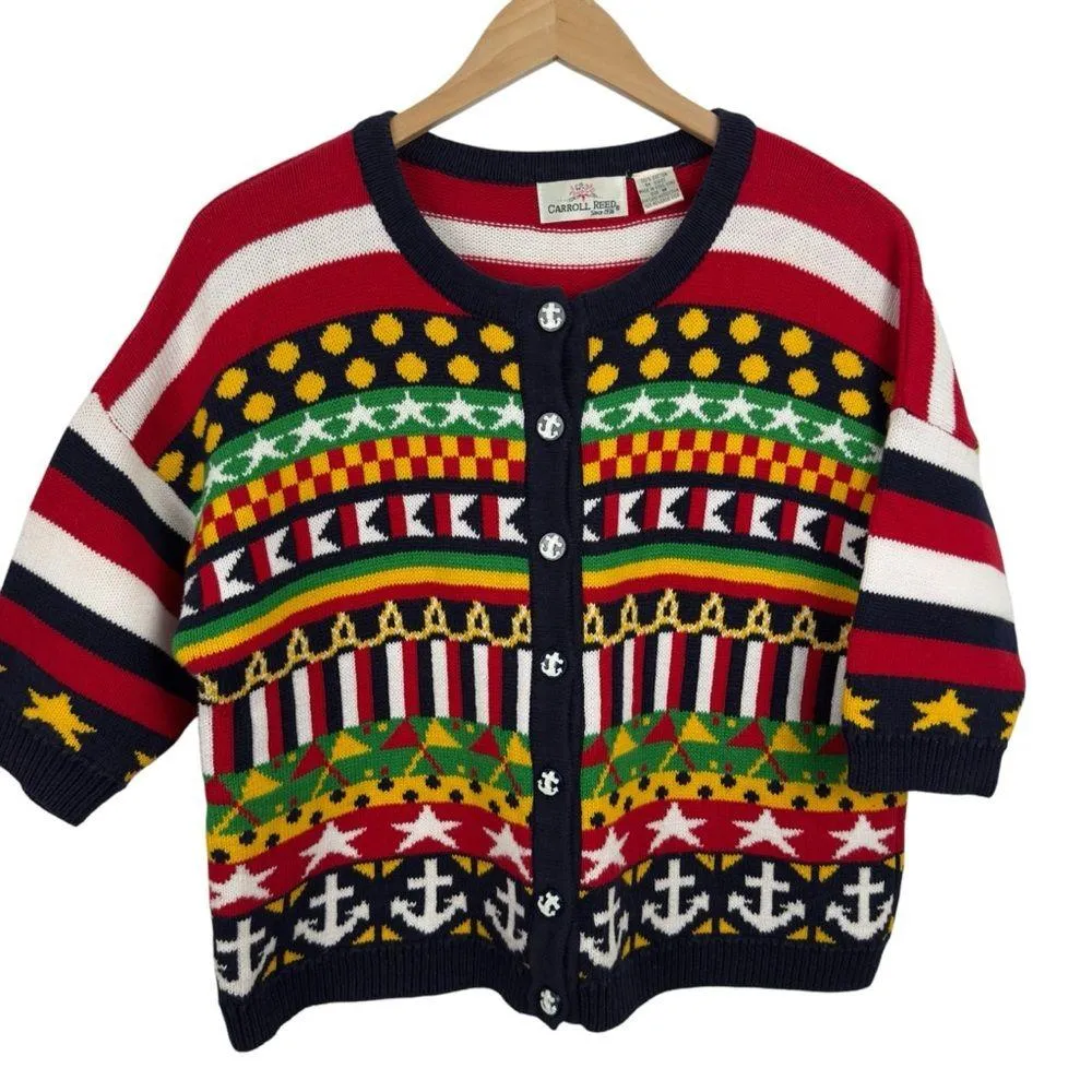 Carroll Reed Women's M Nautical Knit Cardigan Button Up Cotton Colorful 90's Black Size M - Image 16