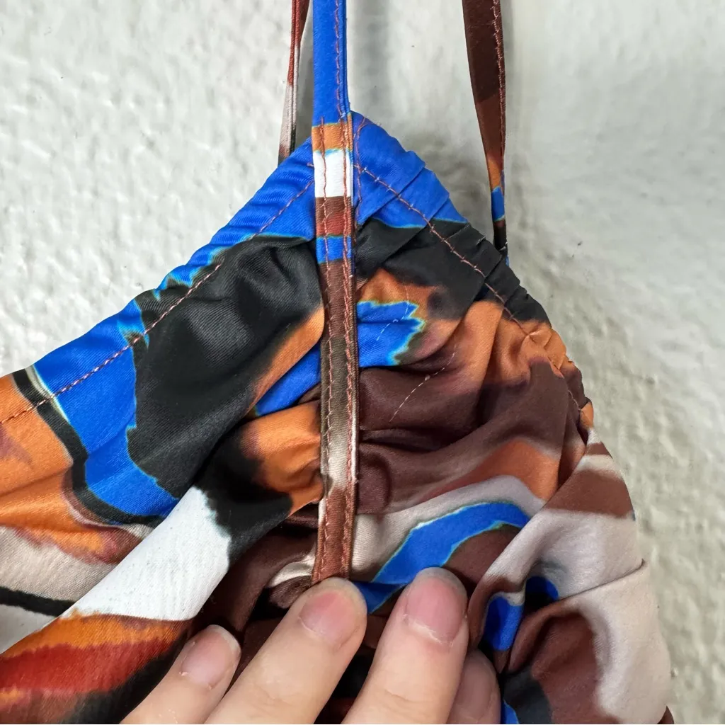 NWT Chocolate Brown & Blue Marble Print Satin Corset Midi Dress Size 2 - Image 12