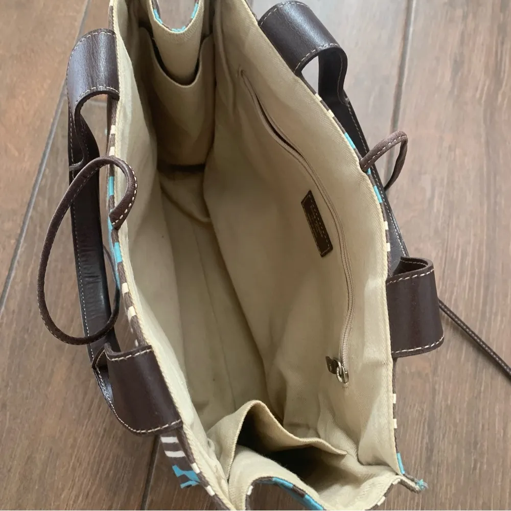 Kate Spade Blue & Brown Vertical Striped Canvas Satchel - Image 4