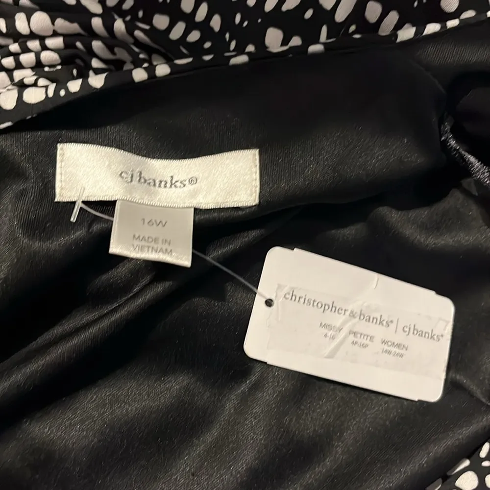 Black and white polka dot CJ Banks faux wrap dress, lined with front tie. NWT. Size 16W - Image 6