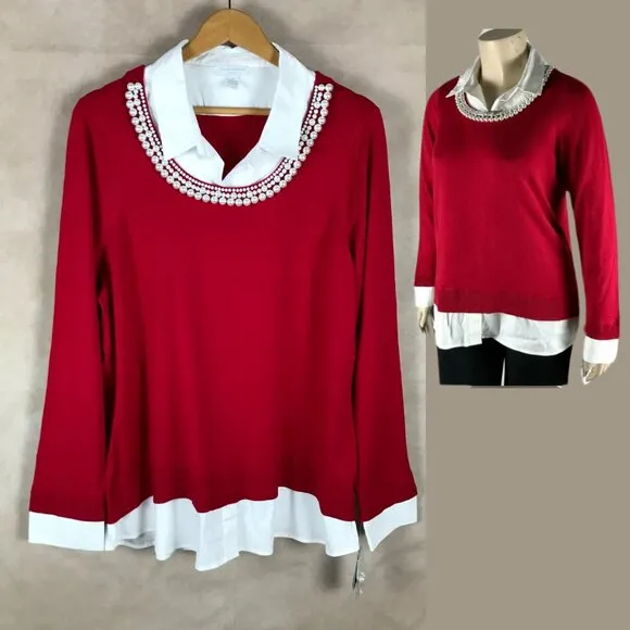 Charter Club  Plus Size Red Sweater Layered Look with Faux Pearls NWT 2X - Image 2