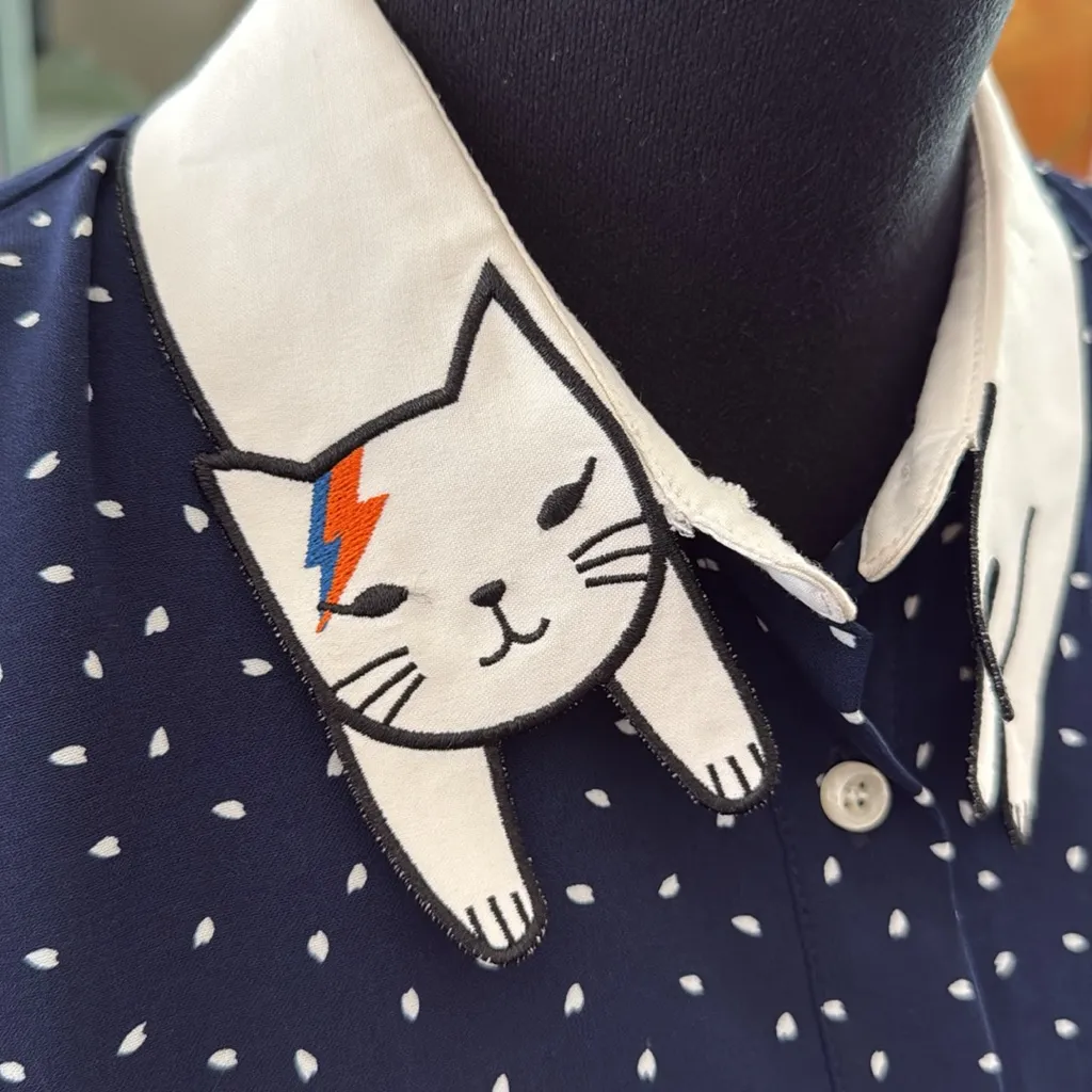 Miss Patina London Bowie Cat Ziggy Stardust Navy Polkadot Kitty Collar Dress Blue Size M - Image 4