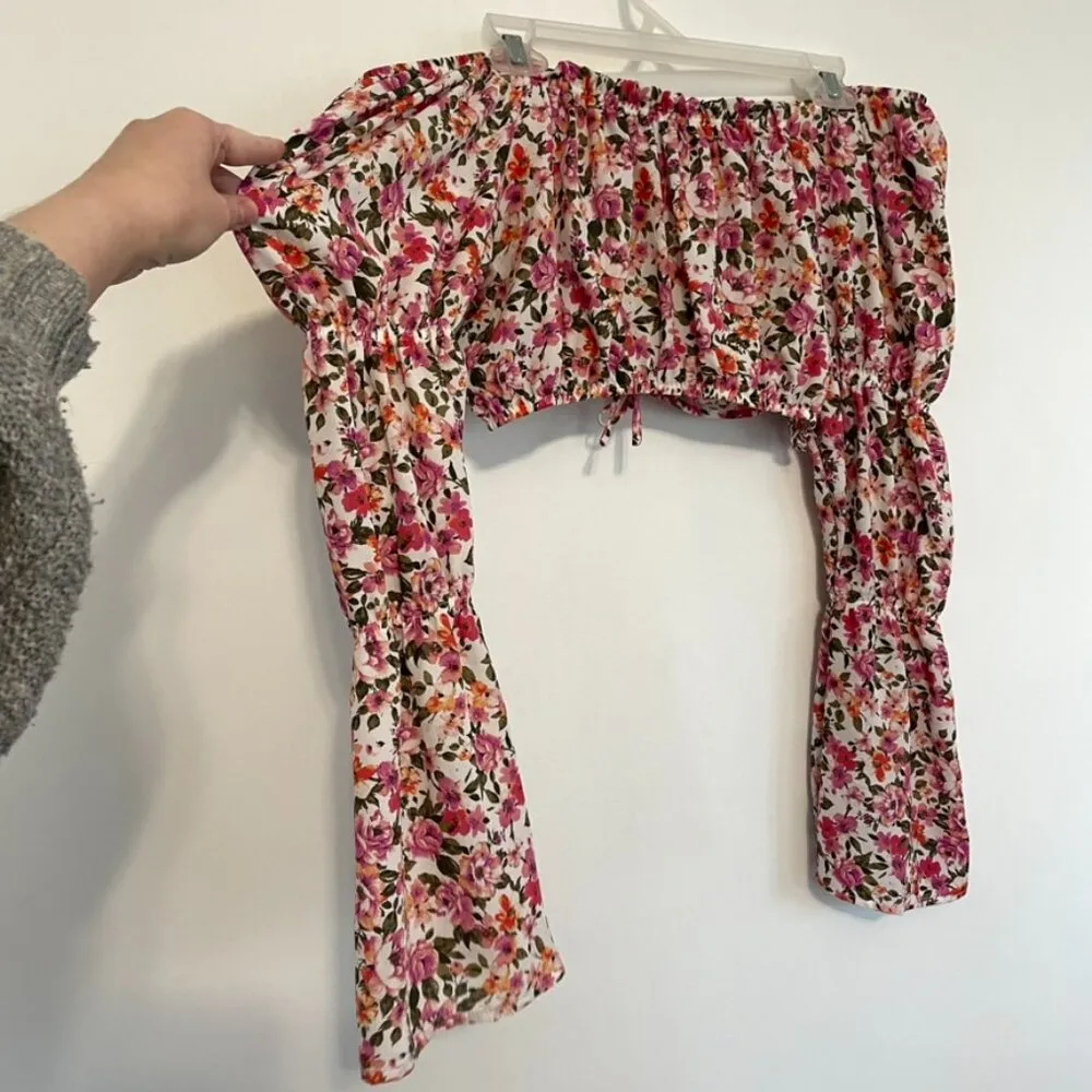 ALMOST FAMOUS Cream Ivory Pink Floral Off the Shoulder Long Bell Sleeve Crop Top - Image 12