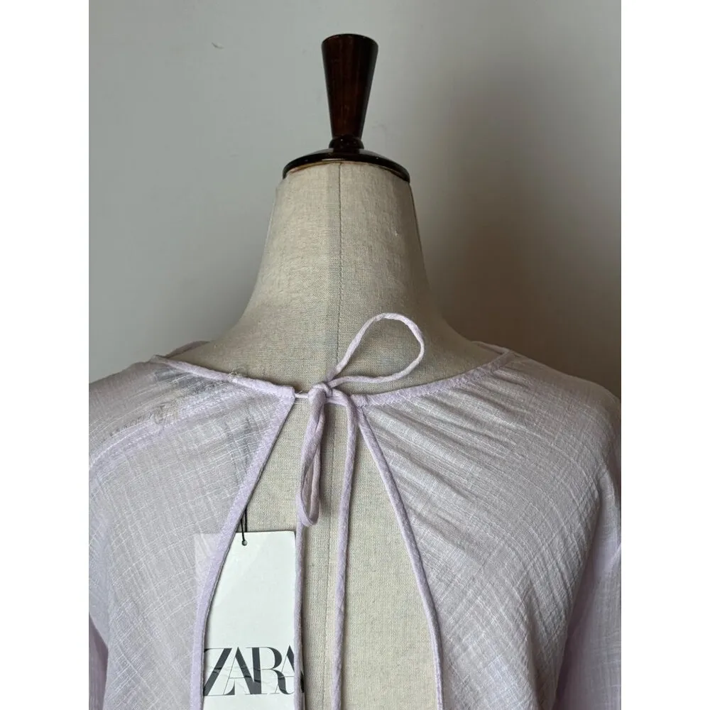 Zara Shirt Women XS Purple Lilac Sheer Raw Seam Detail Tie Neck Open Back Top‎ - Image 8