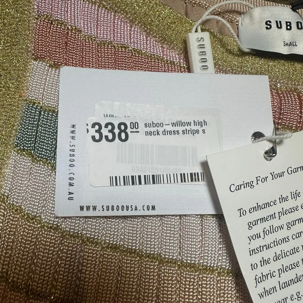 Suboo Willow High Neck Cut Out Mini Dress Metallic Pastel Stripe NEW Pink - Image 7