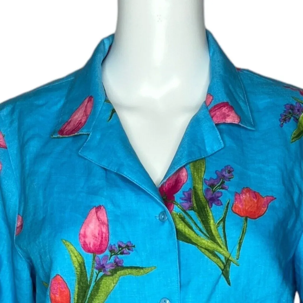 Talbots Shirt Women 12 Blue Pink Floral Button Up Linen V-Neck Deadstock Vintage - Image 5