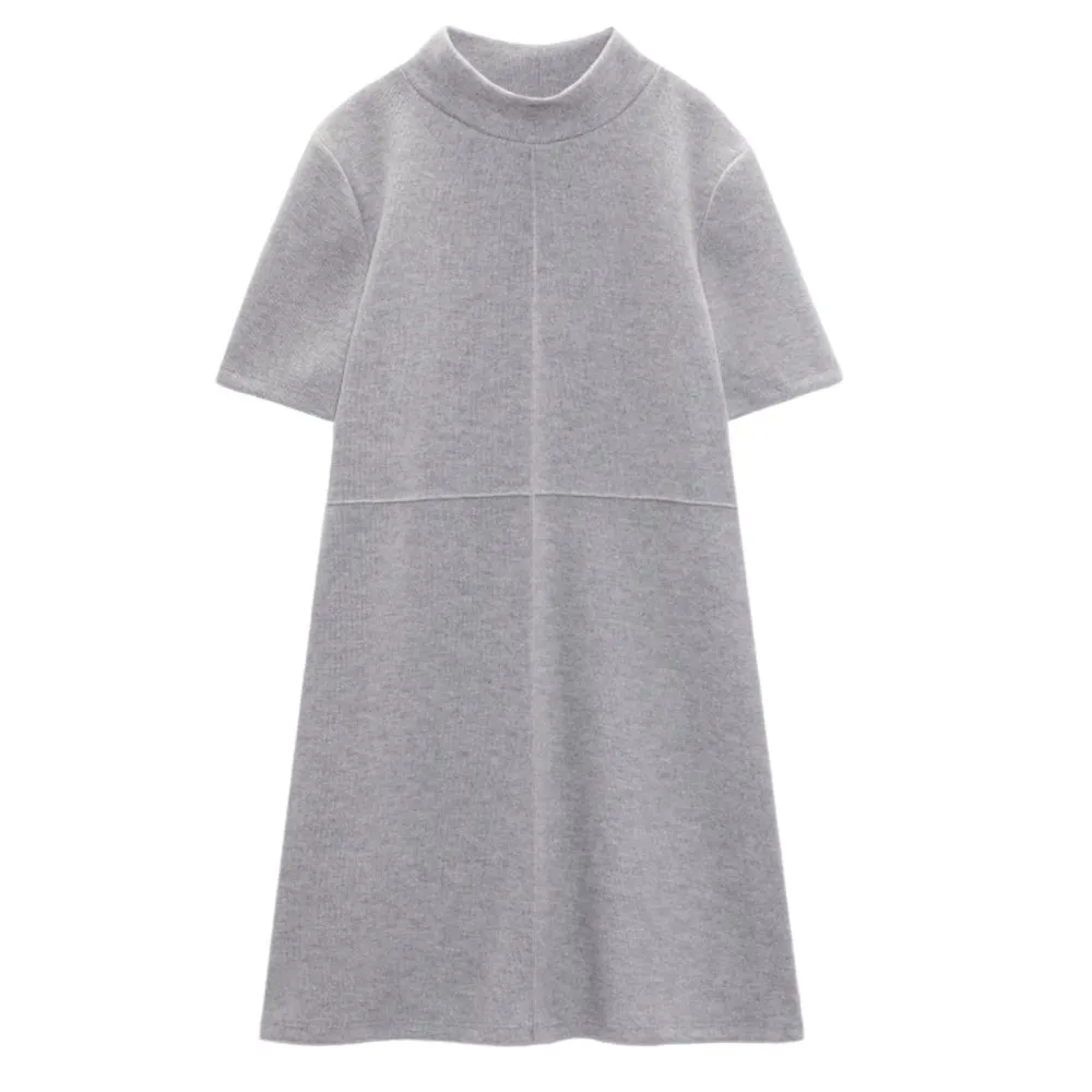 Zara Cotton Blend Reverse Seam Short Sleeve Ribbed Sweater Mini Dress in Grey - Image 6