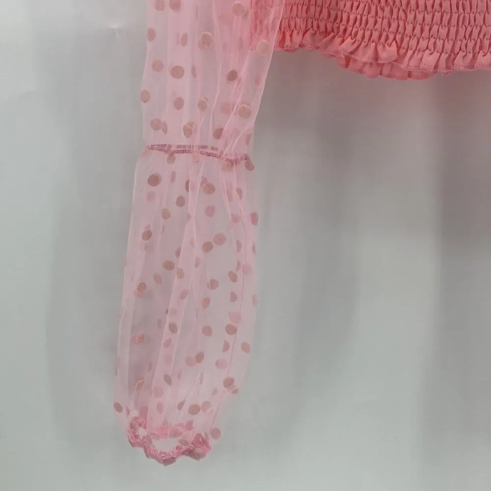 Shein pink polka dot sheer sleeves Cropped top Barbie core feminine puff sleeves - Image 2