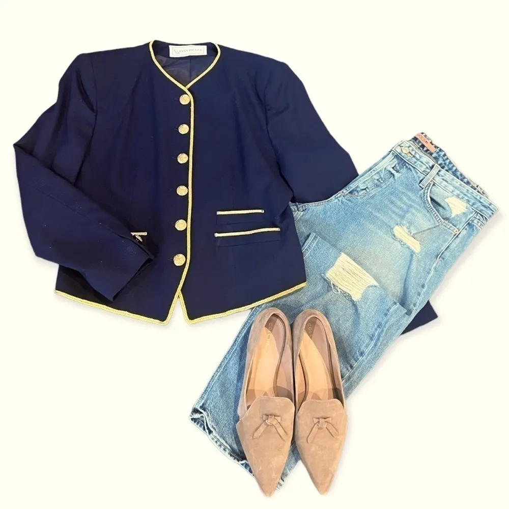 EVAN PICONE Vintage Wool Button Down Band Blazer Navy & Gold Metallic Size 12 - Image 2