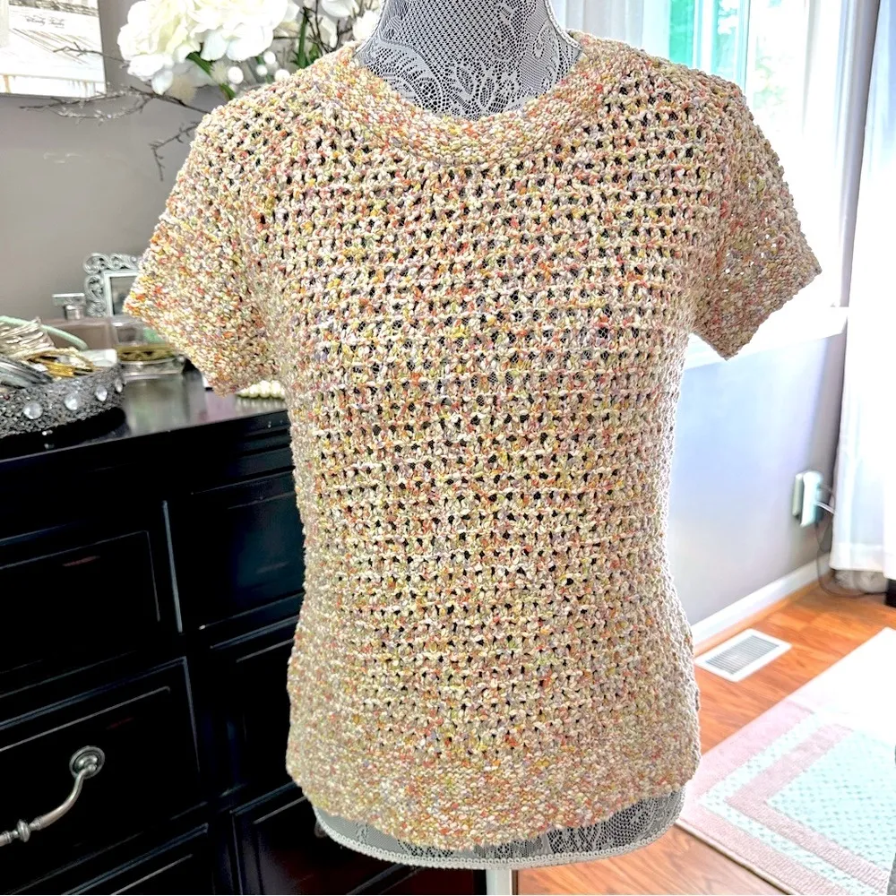 Cabi Multicolor Bouclé Knit Short Sleeve Summer Sweater Size M - Image 2