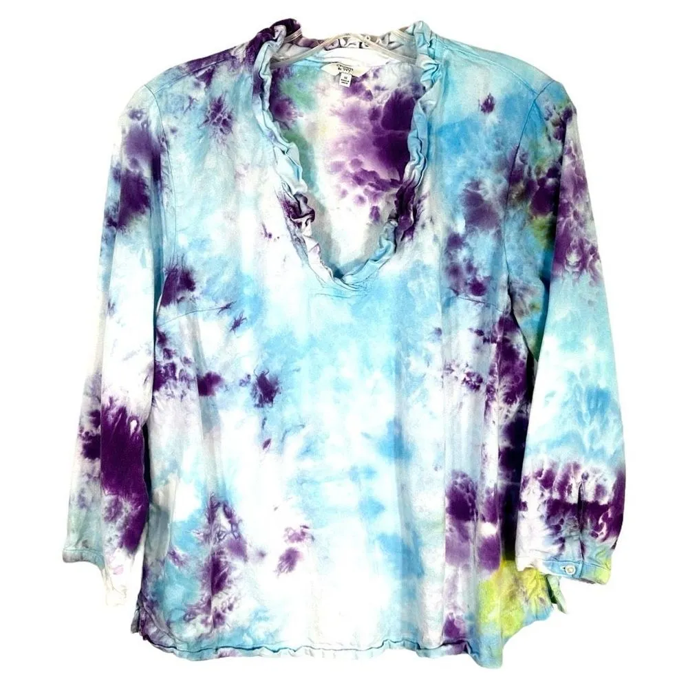 Crown Ivy Medium Top Lovely Evening Tie Dye Handmade Blue Purple Ruffle Neck 377 - Image 12