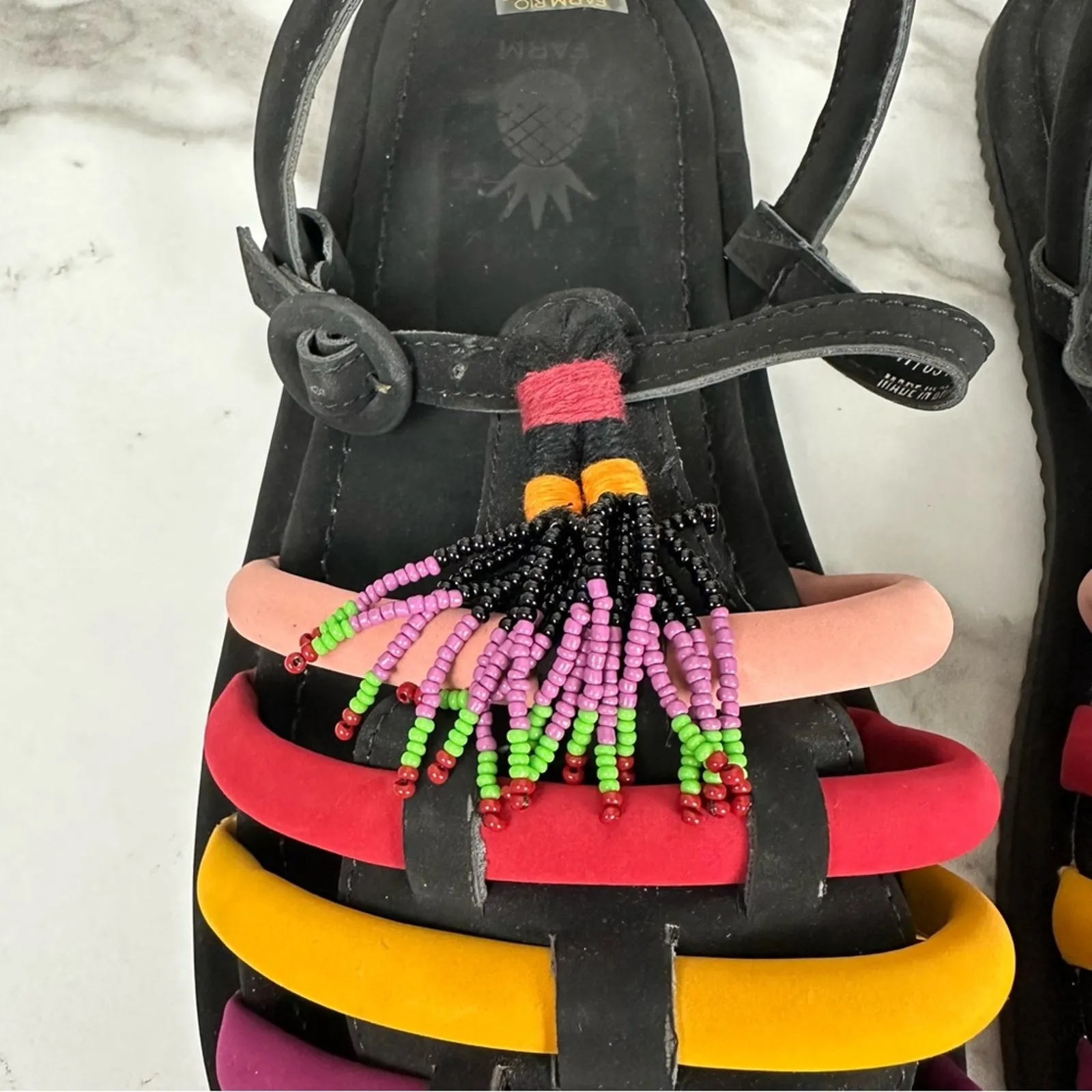 Farm Rio Beaded Rainbow Tube Strap Sandals Black Size 11 Like New - Image 4