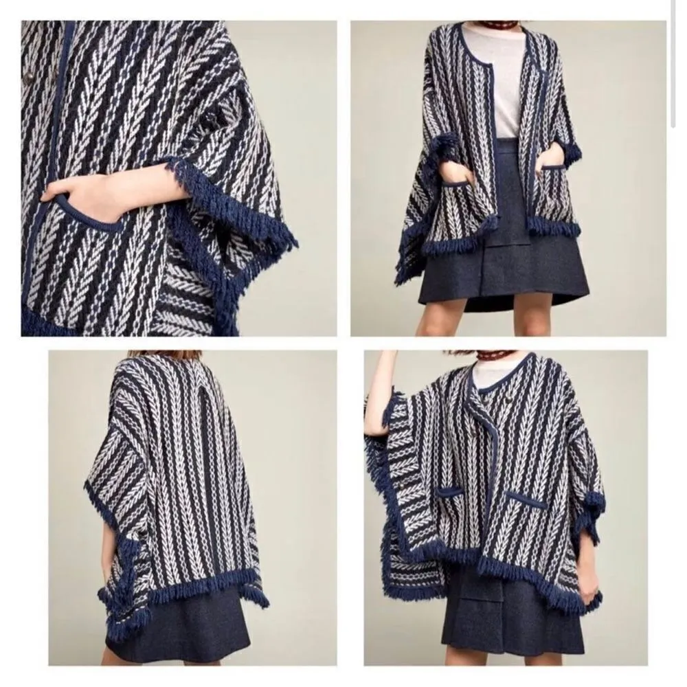 Anthropologie Sleeping On Snow Poncho Sweater With Pockets Fringe Hem - Image 5