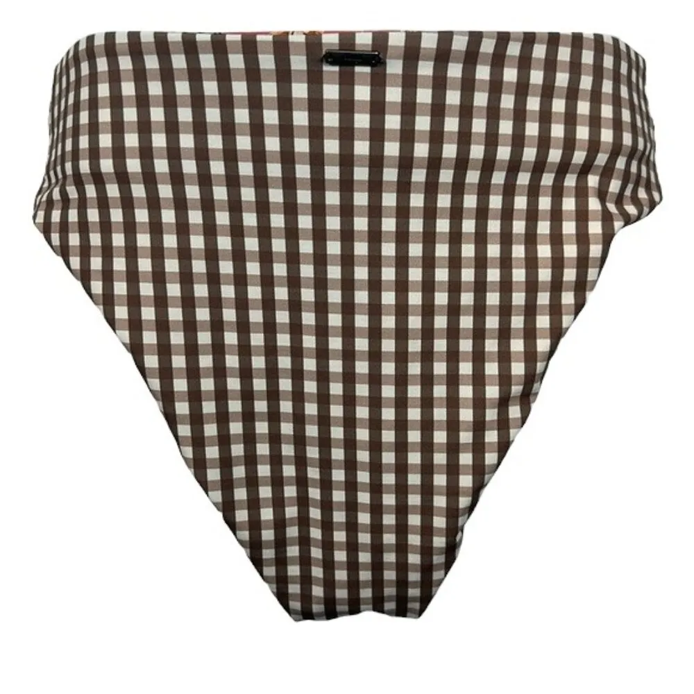 Maaji Floral Orange Brown White Gingham Regular Rise Classic Bikini Bottom Small - Image 3