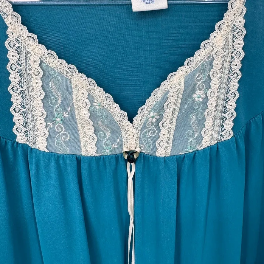 Vintage Classic Elements Nightgown Womens Medium Blue Satin Nylon Lace Trim - Image 5