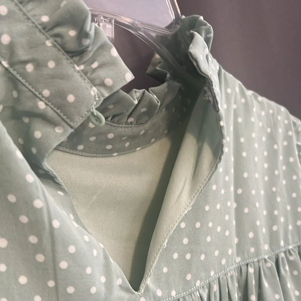 Peasant Mini Dress Puff Sleeve Mock Neck Green Polka Dot Size 4 - Image 4