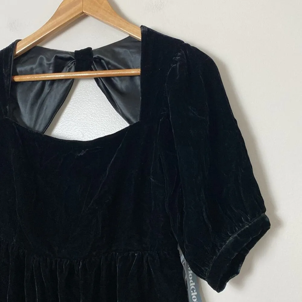 ModCloth Dress Crushed Black Velvet Babydoll Mini with Bow Twist Back Size 4 - Image 4