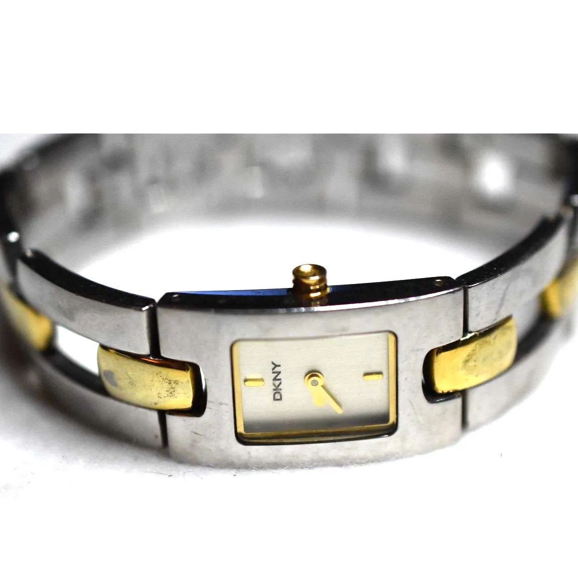 DKNY Donna Karen Vintage 2 Tone Stainless Link Box Latch Band New Battery Watch - Image 2