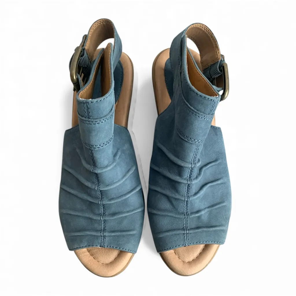 Earth Adina Moroccan Blue Suede Ruched Sling Back Peep Toe Wedge Sandals Size undefined - Image 2