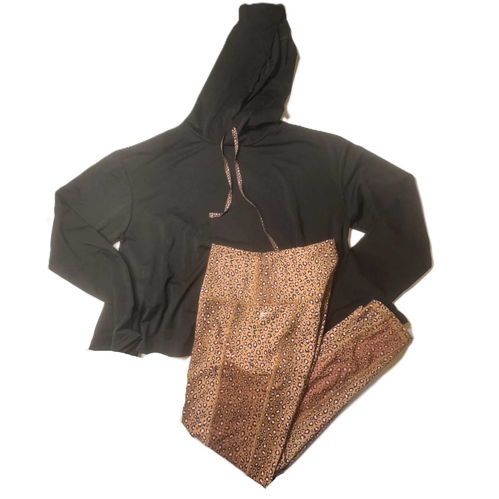 Fabletics Powerhold Capri Cropped Hoodie Set Womens XS Black Micro Leopard Mesh - Image 13