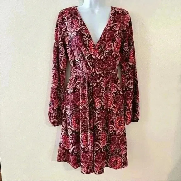 Anthropologie‎ Maeve Paisley Print Metallic Knit Belted A Line Dress Size Medium - Image 4