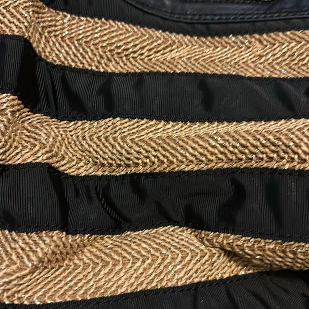 Juicy Couture Daydreamer Black Faux Leather Tan Straw Striped Tote Purse Earthy - Image 7