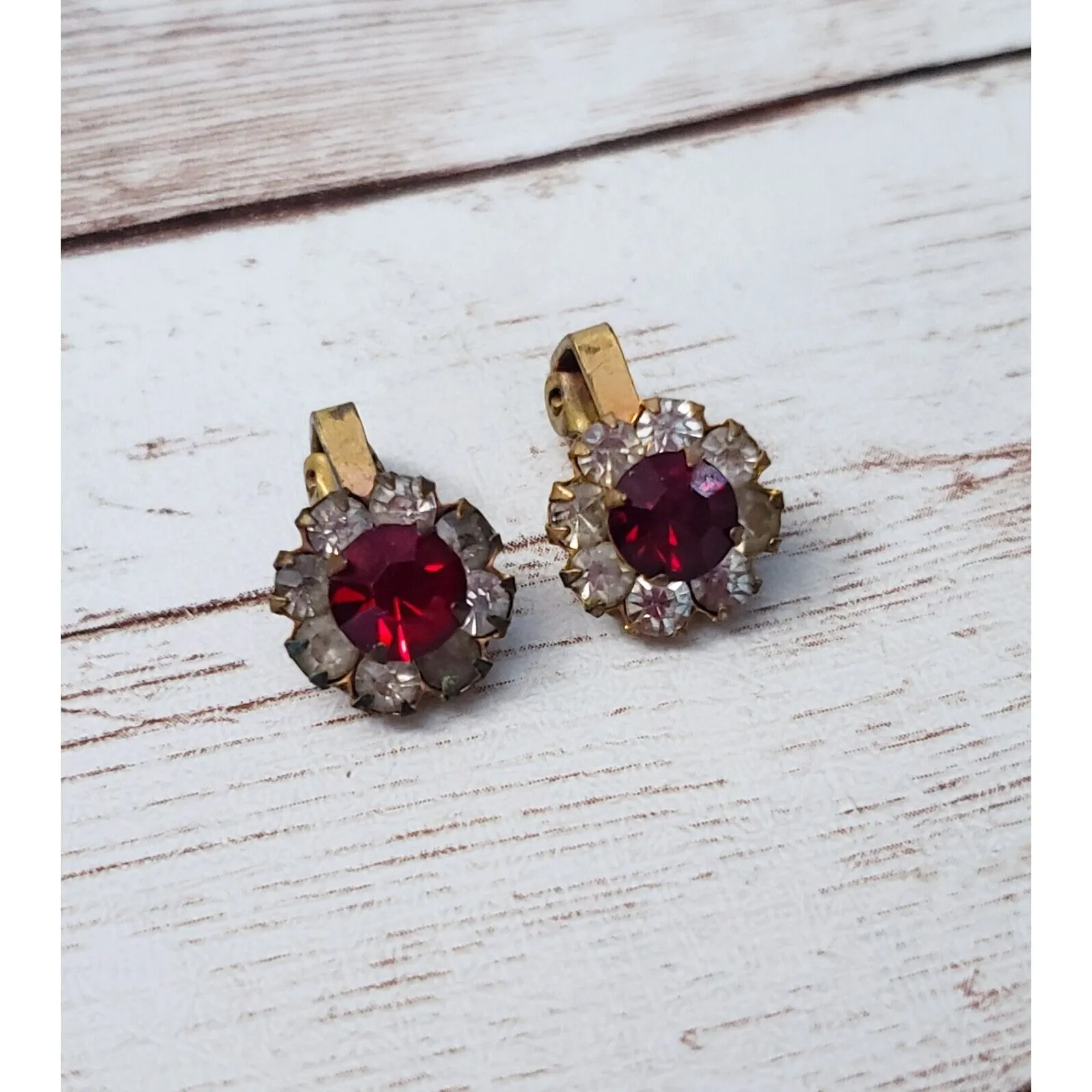 Vintage Clip On Earrings Dainty Red Gem with Gem Halo Dulled Stones - Image 2