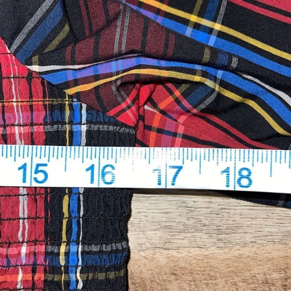 Draper James RSVP Womens Plaid Elbow Sleeve Smocked Peplum Top Red Multi Large - Image 6