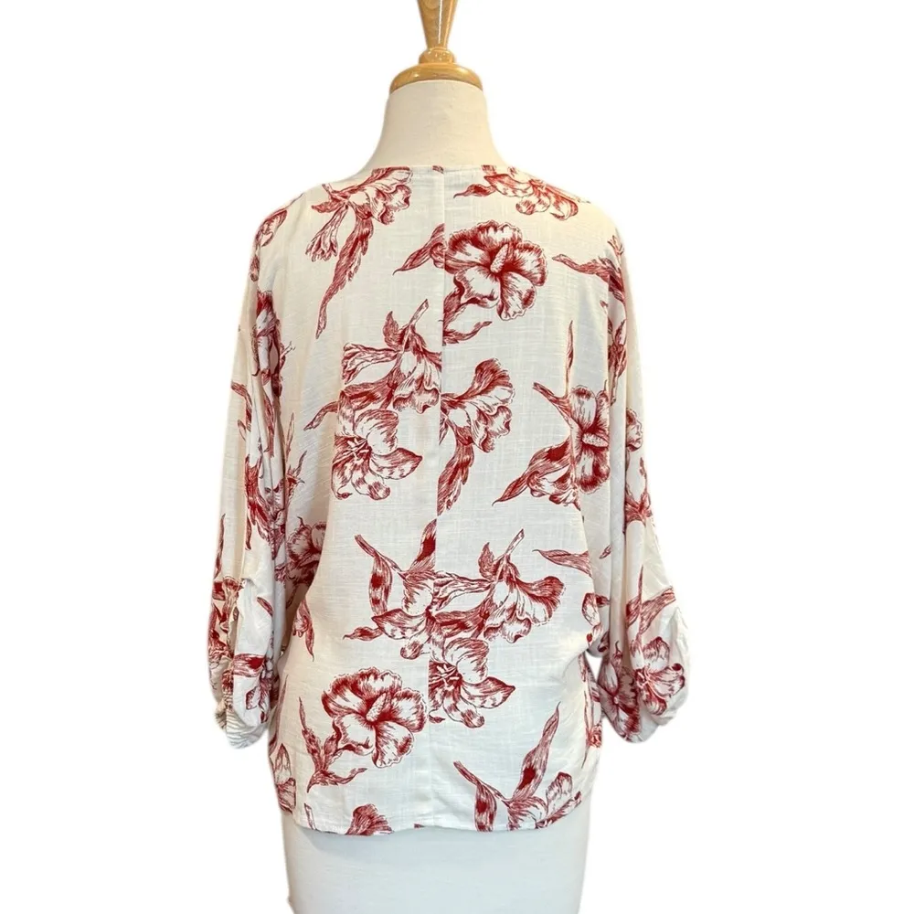 Zara Wrap Kimono Top Linen Blend Red White Toile Floral Print Puff Sleeve Large - Image 5