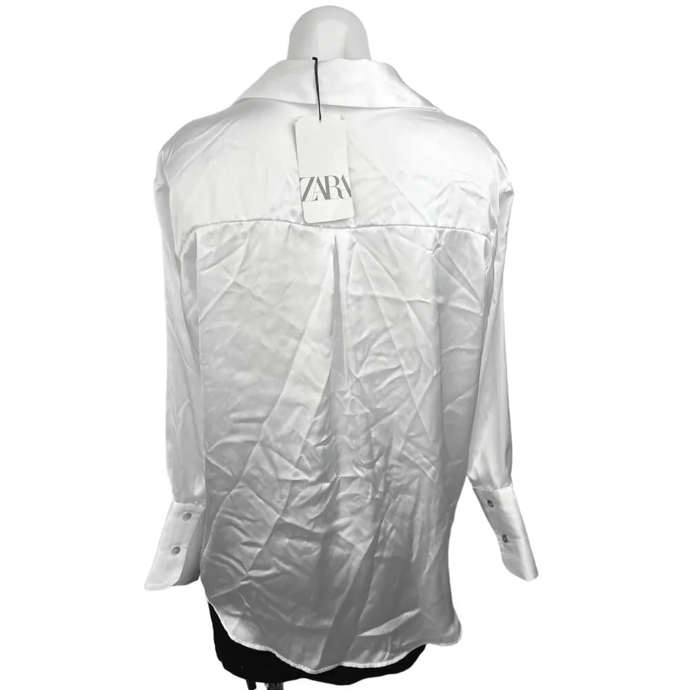 NEW Zara Women Satin Silk White Long Sleeve Button Up Down Blouse Shirt Top M - Image 2